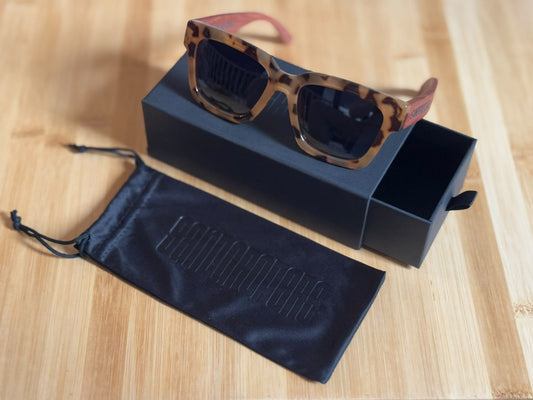 Burnt Banksia Sunglasses Open on Box with Pouch