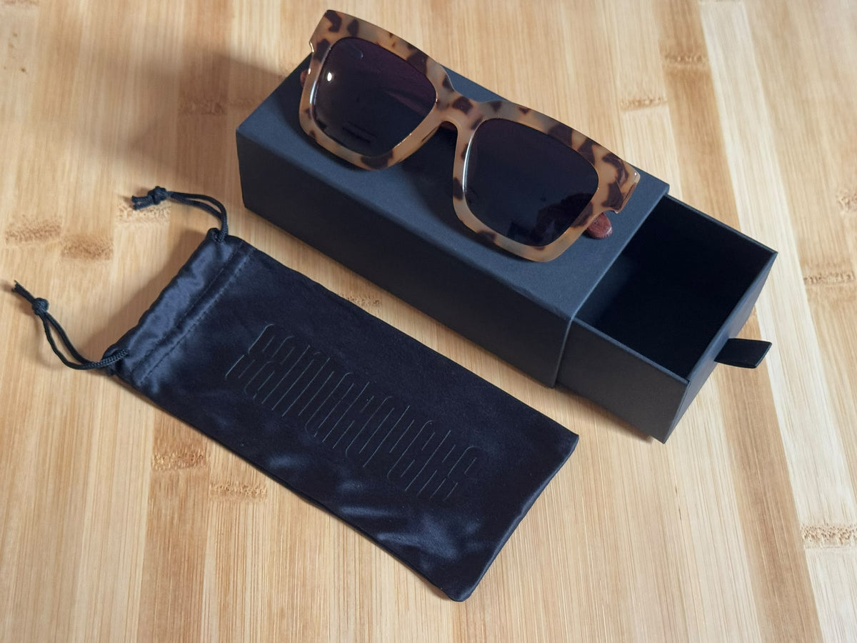 Burnt Banksia Sunglasses Closed on Box with Pouch