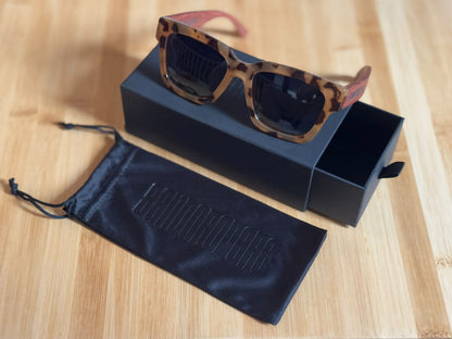 Burnt Banksia Sunglasses Open on Box with Pouch