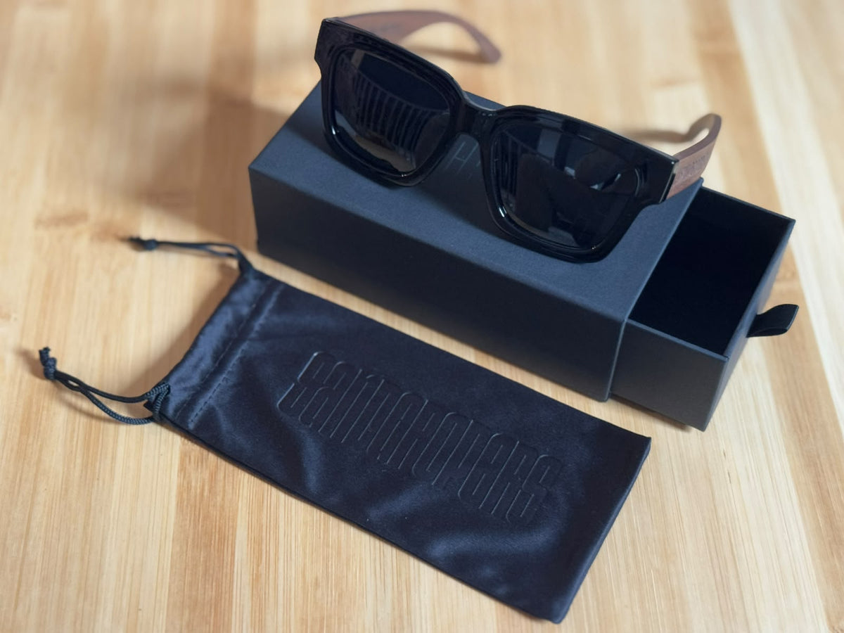 Midnight Reef Sunglasses Open on Box with Pouch