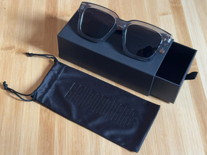 Storm Grey Sunglasses Closed on Box with Pouch